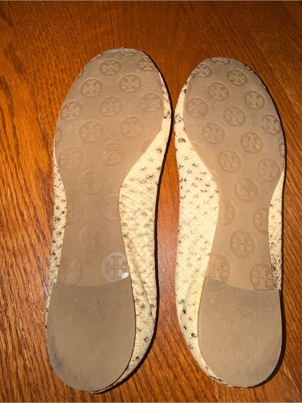 Tory Burch Cream Snakeskin-Print Logo Ballet Flats